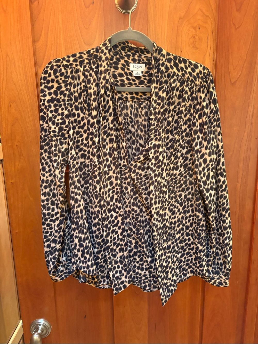 J. Crew Women's Leopard Print Tie-Neck Blouse - Black & Cream